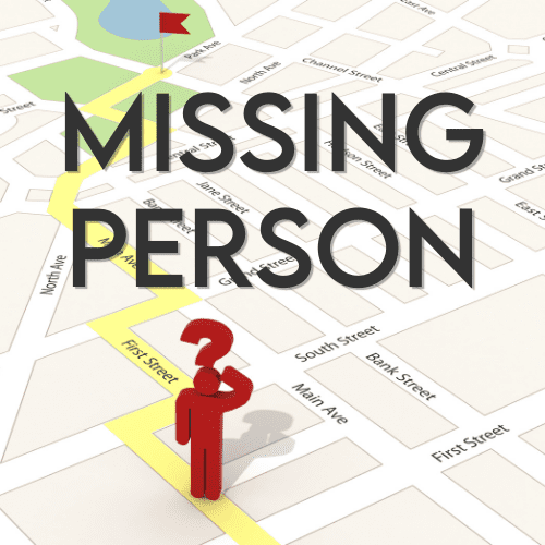 missing person, figure wanders city streets with question mark over head